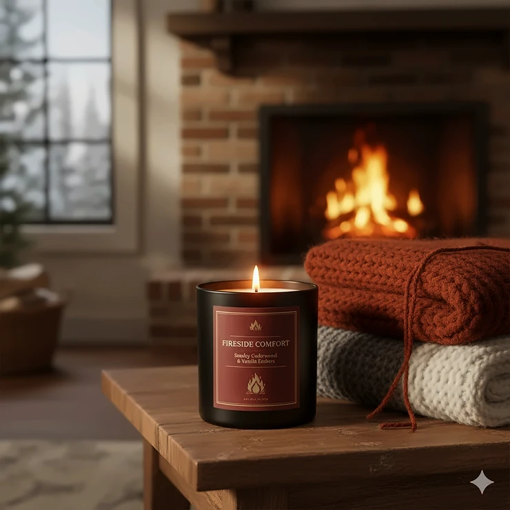 A cozy, close-up photograph of a fireplace scented candle with a flickering flame, sitting next to a stack of warm blankets.