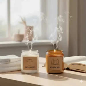 An open book with a faint aroma cloud rising from the pages, representing the desire for unique and weird candle scents like 'New Book Smell' or 'Freshly Laundered Clothes.'