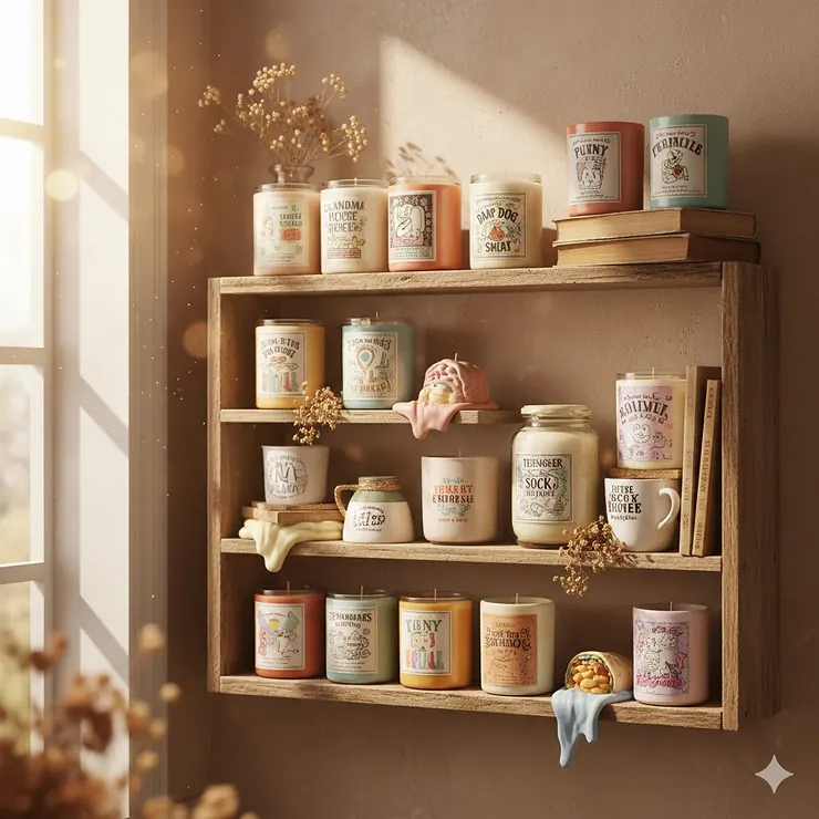 A collection of funny candle scents with quirky labels on a wooden shelf, highlighting their unique and humorous fragrances.