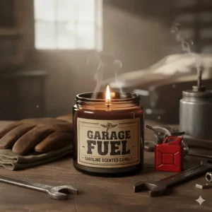 The aromatic, safe alternative to actual fuel: a gasoline scented candle placed next to a miniature vintage gas can.