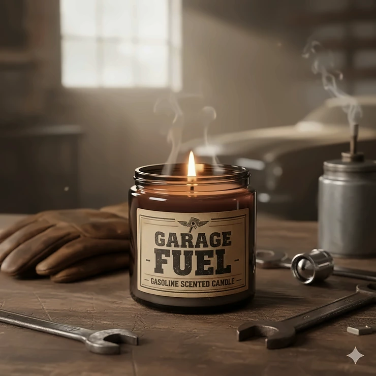 Gasoline scented candle in a dark jar on a rustic wooden surface, with the wick lit.