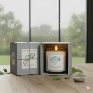 The packaged rain scented candle in its attractive, recyclable gift box, ready for gifting.