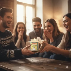 People exchanging gifts at a party, with a wrapped box hinting at a funny candle scent inside, highlighting their popularity as a memorable gag gift.