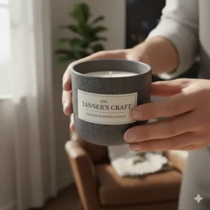 A person's hand holding a leather scented candle jar, highlighting its texture and high-quality glass vessel.