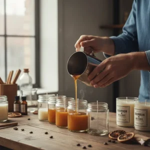 An artisan carefully hand-pouring the melted wax to create the high-quality, long-lasting bourbon scented candle.