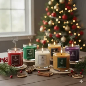 Assortment of highly fragrant holiday jar candles with popular Christmas scents.