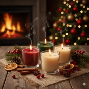 Seasonal set of scented votive candles with holiday fragrances like cinnamon and pine, perfect for Christmas decor.