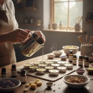 Illustration of a pair of hands carefully pouring melted wax to create handmade scented tea light candles in small molds.