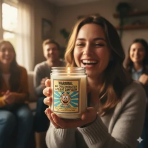 A close-up of a person laughing while holding a candle with a funny warning label, perfect as a humorous candle gift idea.