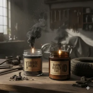 A stylized image of a candle flame next to a tire tread, demonstrating how unconventional and weird candle scents can include automotive or industrial fragrances.