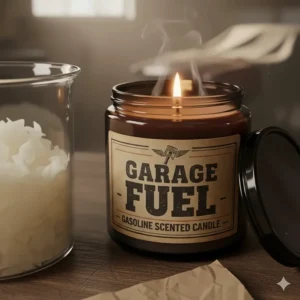 Custom label design for the gasoline scented candle, featuring bold text and a vintage fuel pump graphic.
