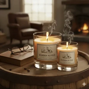 The large and small sizes of our highly-rated bourbon scented candles, showing their scale for different room sizes.
