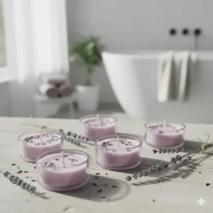 Natural lavender-scented tea light candles nestled next to a few sprigs of dried lavender for relaxation.
