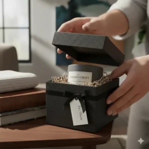 Unboxing a leather scented candle in its sophisticated, eco-friendly gift box packaging, ideal for a special occasion.