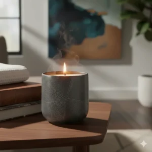 A lit leather scented candle on a dark wooden surface, showing a warm, steady flame and soft ambient light.