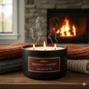 A large, three-wick fireplace scented candle designed for a long burn time, creating a consistent, warming aroma.