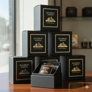 Elegant, dark-label luxury packaging for the new line of bourbon scented candles, ready for shipping.