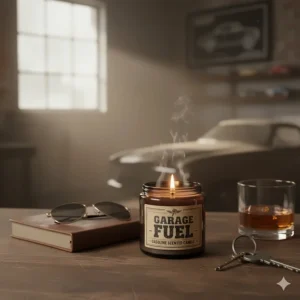 Enhancing the ambiance of a man cave with a unique gasoline scented candle and masculine home décor accessories.