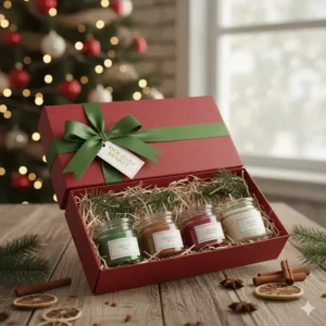 A festive gift set of miniature candles featuring various Christmas tree and holiday scents.