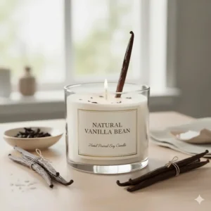 Close-up of vanilla scented candle with natural soy wax and real vanilla beans, showcasing the authentic fragrance ingredients.