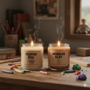 A playful rendering of a candle designed to smell like modeling clay or crayons, tapping into the trend of unique and weird candle scents that evoke childhood nostalgia.