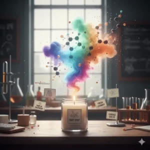 A graphic depicting various abstract molecules labeled with surprising aromas, illustrating the chemical complexity behind creating weird candle scents.