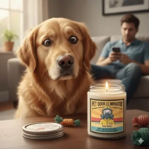 A cartoon dog looking confused next to a candle labeled Pet Odor Eliminator, playing on the irony of funny candle scents that tackle serious smells.