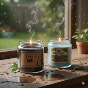 A simple, earthy image representing petrichor or wet dirt, highlighting a popular but still weird candle scent for those who love the smell of nature after the rain.