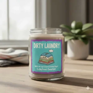 A single jar candle with a brightly colored, quirky label that describes a funny scent like Dirty Laundry or Ex-Boyfriend's Sweatshirt.