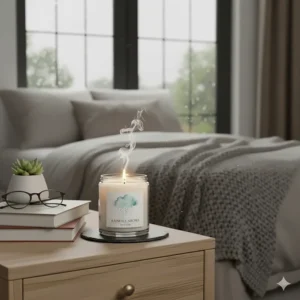 The rain scented candle placed on a nightstand in a cozy, modern bedroom, providing a calming ambiance.