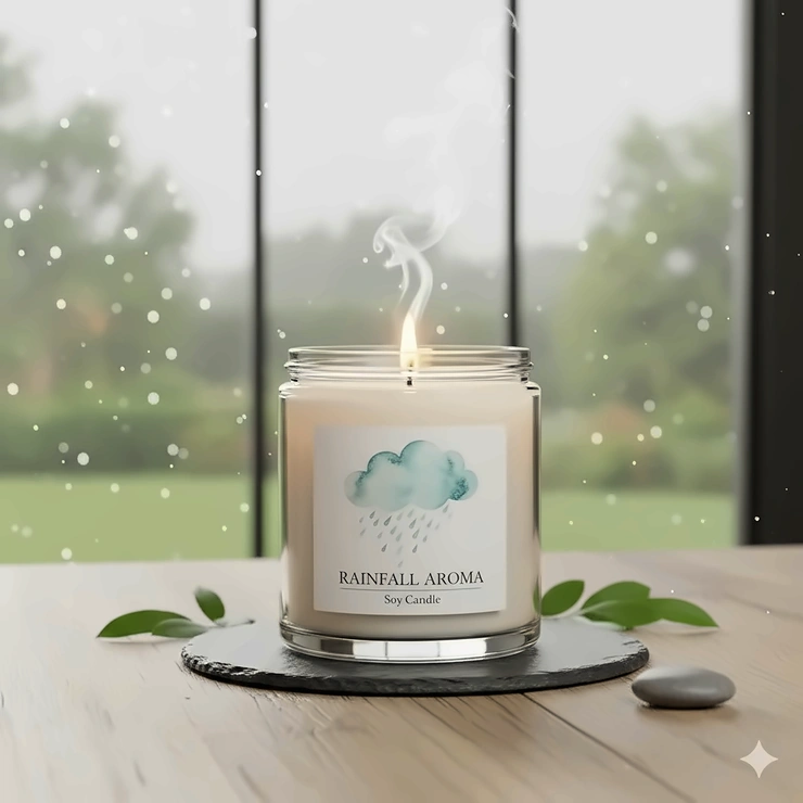 A beautifully styled, lit rain scented candle sitting on a clean wooden surface, evoking the fresh, clean smell of a spring downpour.