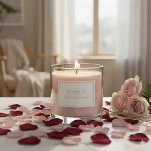 Dried rose petals scattered around a beautiful glass jar candle for a romantic touch.