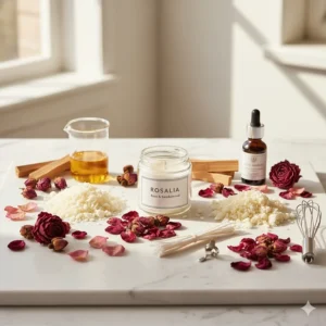 Display of natural ingredients, including essential oils and wax, used to make a high-quality rose scented candle.