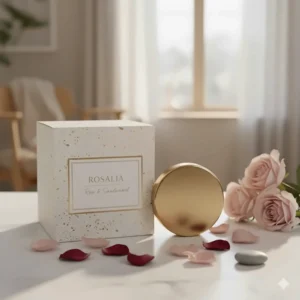 Detailed photograph of the aesthetically pleasing label and packaging for the rose scented candle.