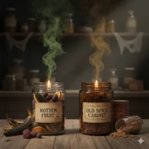 A humorous illustration of a candle wick placed in a jar with rotting fruit, a playful visual for discussing the limits of weird candle scents and what *not* to make.
