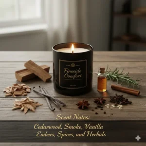 The main scent ingredients (e.g., cedarwood, smoke, vanilla) used to create the comforting fireplace scented candle aroma.