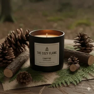 Rustic shot of a campfire scented candle surrounded by natural elements like pinecones, cedar sprigs, and small logs, emphasizing the outdoor aroma.