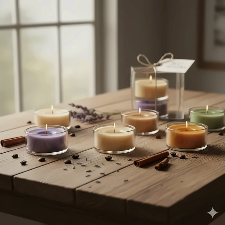 Close-up shot of a variety pack of the best-selling scented tea light candles in clear holders, unlit and arranged neatly.