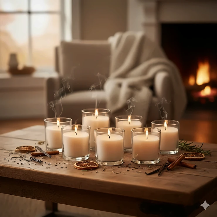 Close-up of a group of flickering scented votive candles in elegant glass holders, creating a warm and cozy home ambiance.