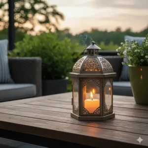 A single, fragrant scented tea light candle lit inside a decorative metal lantern on an outdoor patio.