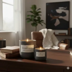 A set of two leather scented candles in different sizes—a small travel tin and a large tumbler jar—for versatile use.