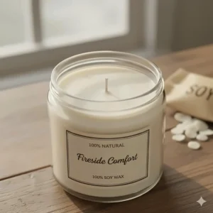 A jar of 100% natural soy wax fireplace scented candle, highlighting its clean-burning, eco-friendly qualities.