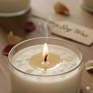 Detailed close-up of a soy wax scented tea light candle with a cotton wick, emphasizing the clean, natural burn.