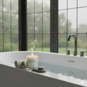 A relaxing scene with the rain scented candle beside a bathtub, perfect for creating a refreshing spa-like scent in the bathroom.
