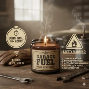 Infographic detailing the specs of the gasoline scented candle, including its 40-hour burn time and safety instructions.