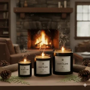 A group of three different sizes of the campfire scented candle jars displayed together for comparison.