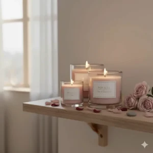 Collection of three different sizes of rose scented candles on a wooden shelf.