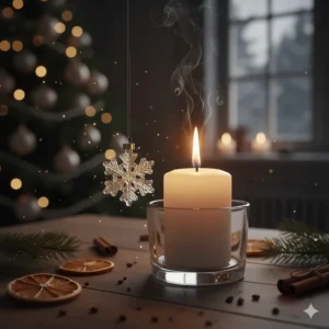 The warm glow and inviting scent of a Christmas tree candle creating a cozy holiday ambiance.