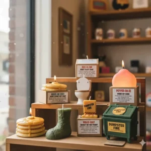 A display of unique novelty candles shaped like funny objects or food, showcasing the wide variety of funny candle scents available.