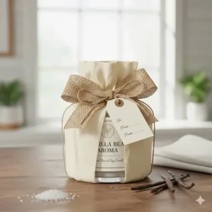 Thoughtful vanilla scented candle gift set, elegantly wrapped with a bow, an ideal present for housewarmings or holidays.